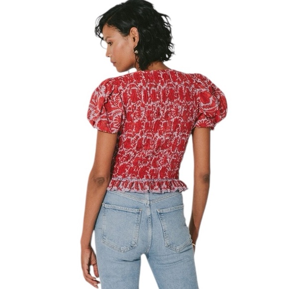 NWT- CLEOBELLA Bella Red Smocked, Puff Sleeves and Ruffle Hem Top Sz Small - Picture 3 of 16